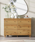 WAMPAT Dresser with 6 Drawers for Bedroom, Wooden Kids Dressers with Wide Chest of Drawers, Modern Closet Storage Organizer Furniture with Solid Wood Legs for Living Room, Hallway, Nursery, Oak Brown