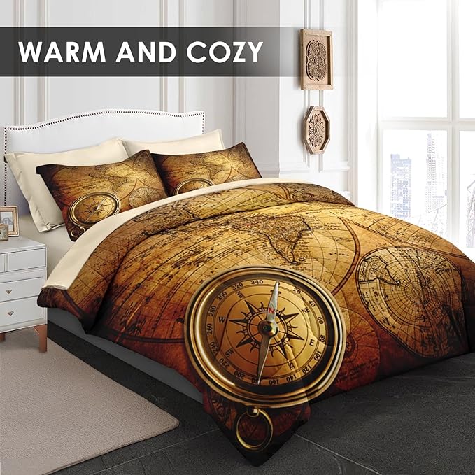 5 Pcs Twin Size Comforter Set with Pillowcase & Sham, Vintage World Map Bedding for Kids and Adults, Retro Nautical Compass Bed in a Bag with Flat Fitted Sheet