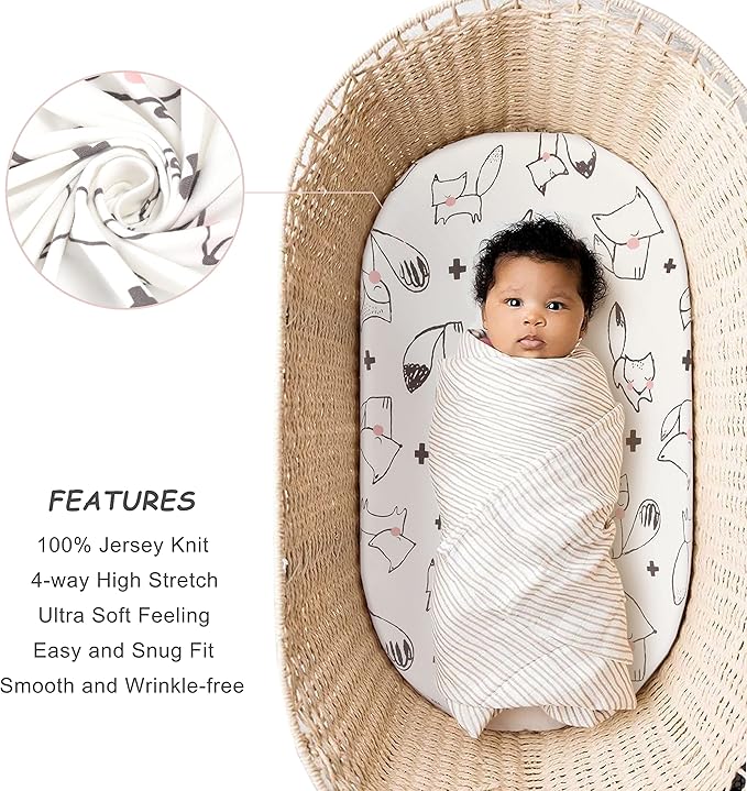 GRSSDER Stretchy Ultra Soft Fitted Bassinet Sheet Set 2 Pack, Universal Fit for Bassinets Baby Cradle Moses Basket Oval Rectangle Pad/Mattress, Cute Foxes and Rabbits Bassinet Sheets for Girls
