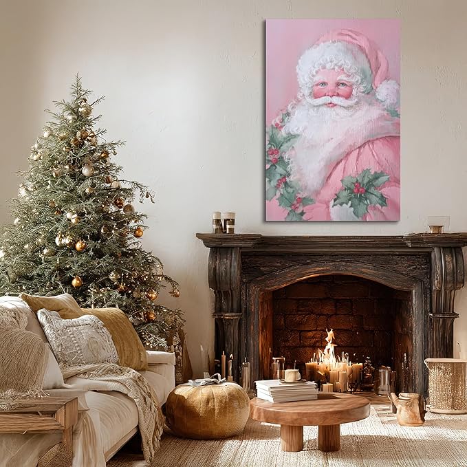YONICA Christmas Canvas Wall Art Pink Santa 20x30 Inch Soft Pastel Holiday Art for Nursery - Large Framed Gallery Wrapped Kids Room Decor