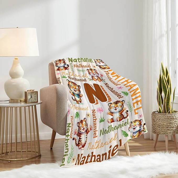 Personalized Custom Tiger Blanket Gifts for Kids Boys Girls with Name - Customized Tiger Super Soft Lightweight Flannel Sheets Decor for Crib Nap Couch - 50"x60" for Teens