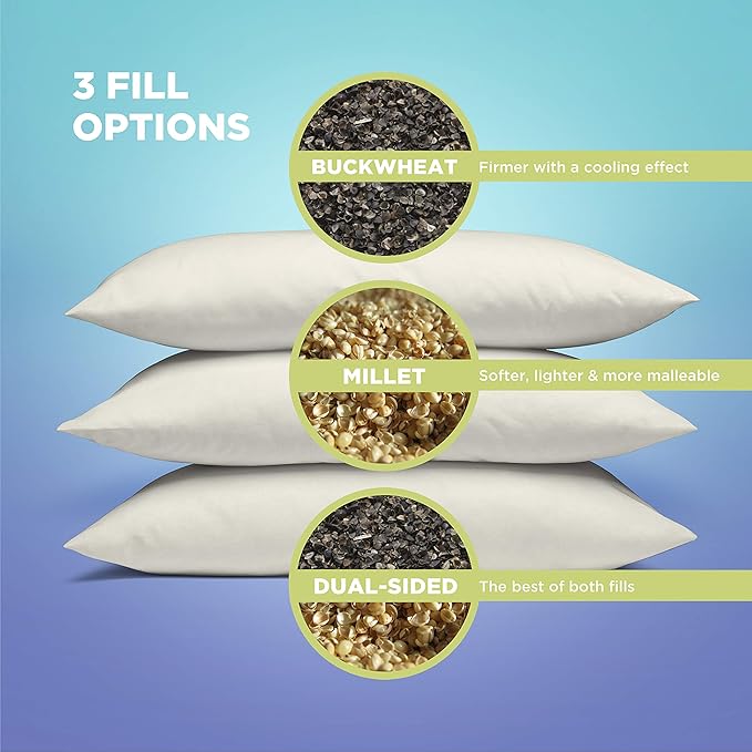 Bean Products 14" x 20" Japanese Bed Pillow for Sleeping – Organic Buckwheat Fill with Organic Cotton Fabric, Soft Head Pillow – Eco-Friendly, Breathable, and Durable Sleep Aid, Made in The USA