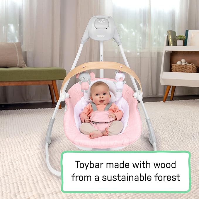 Ingenuity SimpleComfort Compact Baby Swing, Rotating Seat Swings in 3 Directions, 6 Speeds, 8 Melodies & 3 Nature Sounds, Ages 0-9 Months, Up to 20 Pounds - Pink