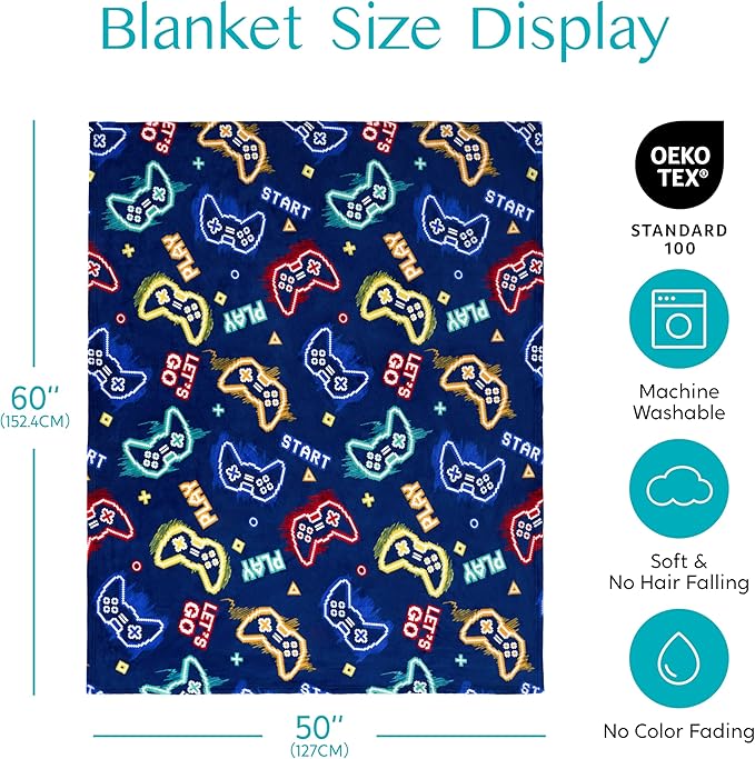 Joiedomi Glow in The Dark Gaming Blanket Gamer Gifts for Boys Age 2 3 4 5 6 7 8 9 10 11 12 Year Old, Soft Cozy Flannel Kids Throw Blanket, Birthday Bedroom Decor Dark Blue 50"×60"