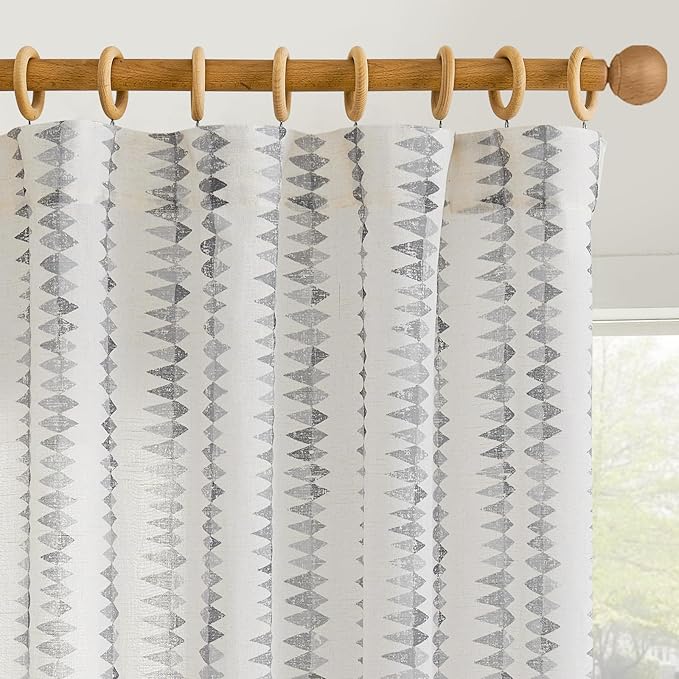 jinchan Linen Nursery Curtains for Living Room Boho Curtains for Bedroom Kids Room 96 Inches Long Geometric Printed Farmhouse Drapes Rod Pocket Window Treatment Curtain Set of 2 Panels Gray