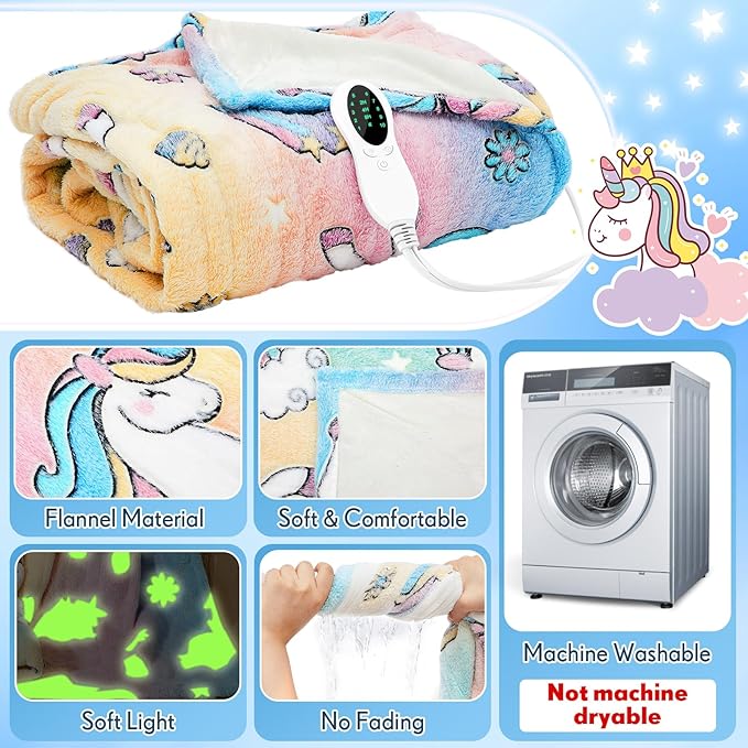 Kids Heated Blanket Glow in The Dark Unicorn Children Heating Blanket Girls Boys 50"x60" Electric Throw with 10 Heating Levels & 8 Hours Auto Off Etl Certified Machine Washable