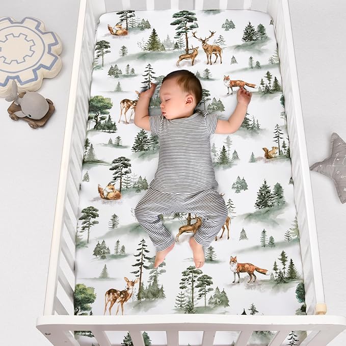 PHF 3 Pack Soft Woodland Crib Sheets Fitted, Silky Comfy Breathable Baby Sheets for Boys Girls Neutral, 28x52 Inches Fits Standard Crib and Toddler Mattresses, Woodland