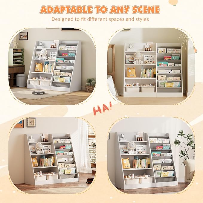 NACHES 4 Tier Kid Bookshelf Wooden 6 Sling Children Bookcase Toddler Montessori Bookcase Book Rack Display Toy Storage Organizer Book Display Shelf Stand Classroom Bedroom Nursery Playroom(White)