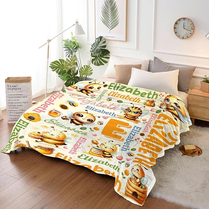 Personalized Custom Honey Bee Blanket Gifts for Kids Boys Girls with Name - Customized Honey Bee Super Soft Lightweight Flannel Sheets Decor for Crib Nap Couch - 90"x120" for Whole Family