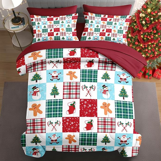 7 Pcs King Size Christmas Comforter Set with 2 Pillowcases & 2 Shams, Colorful Plaid Snowman Bedding for Kids and Adults, Cute Gingerbread Man Bed in a Bag with Flat Fitted Sheet