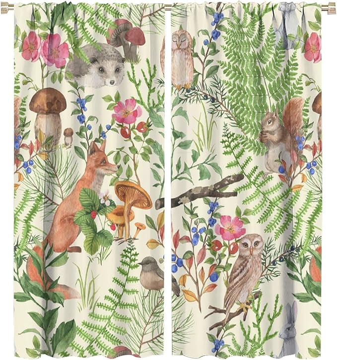 Forest Animal Curtains, Kids Rustic Wild Animal Window Treatments Watercolor Cute Woodland Fox Hedgehog Window Drapes for Nursery Toddler Bedroom 63x63in