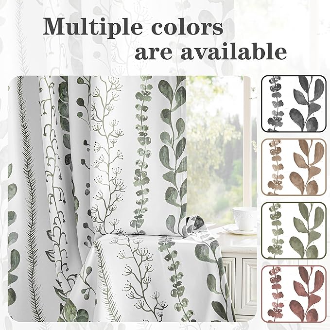 MEETSKY Sage Green Blackout Curtains 72 Inches Long 2 Panels Boho Curtains for Living Room Thermal Insulated Privacy Protection Rod Pocket Drapes for Bedroom, Leaf Print Window Treatment, 50" Wide