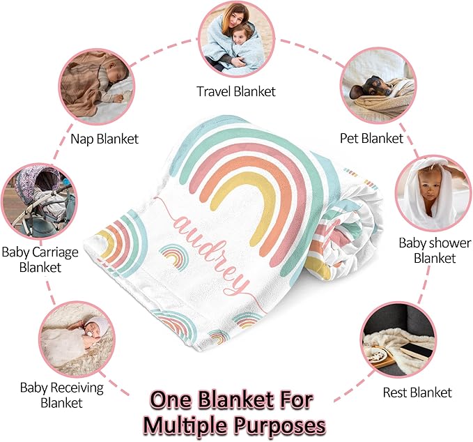 Ship Next Day, Customized Baby Blanket for Girls, Personalized Baby Girl Blanket with Name, Rainbow Decor Newborn Receiving Blankets for Girls Swaddle, Custom Babies Shower Birthday