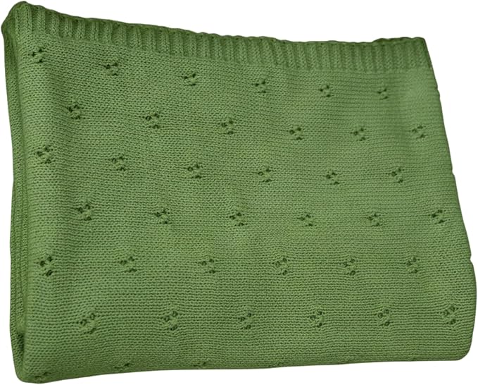 Baby Knit Blanket, 100% Cotton Eyelet Patterns, Soft, Cozy, Lightweight Swaddle for Newborn & Infant Swaddling Beige Neutral, Perfect Baby Shower Ideas Green 30x40