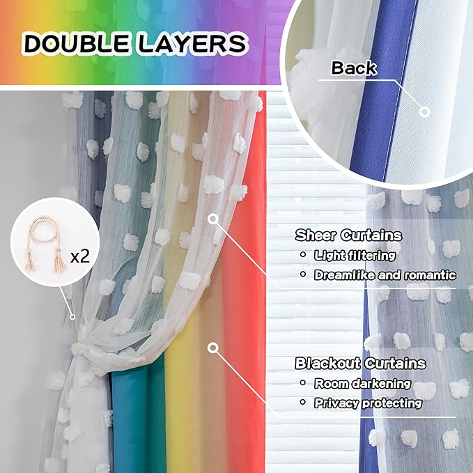 MYSKY HOME Nursery Curtains for Girl Bedroom Rainbow Curtains 72 Inches Long Pom Pom White Sheer Curtains for Kids Room Double Layer Toddler Bedroom Grommet Room Darkening Window Panels 52 x 72 in