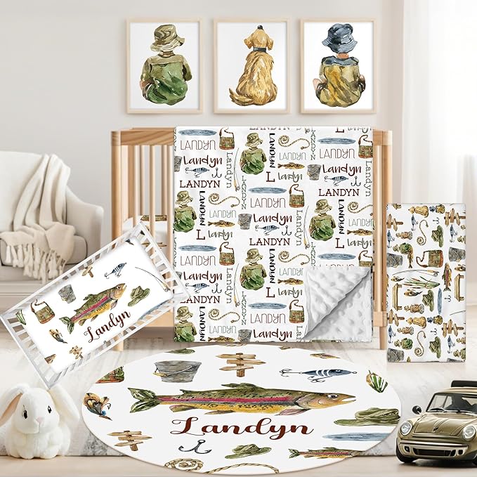 Personalized Baby Crib Bedding Set, 5 Pcs Custom Name Nursery Bedding Set for Girls Boys, Fishing Baby Crib Set for Toddlers Infants, Double Layer Bedding Crib Sets Customized Gifts