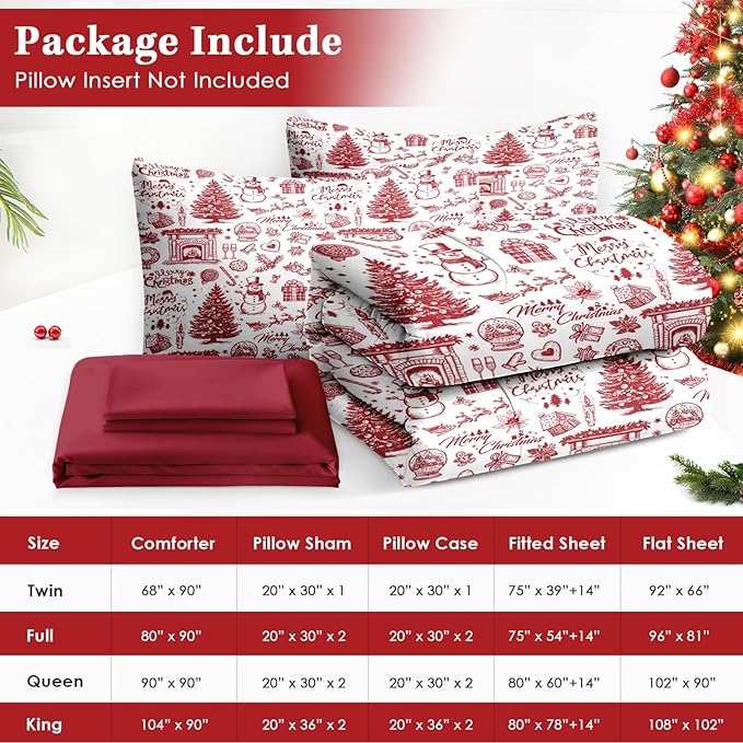 7 Pcs Queen Size Christmas Comforter Set with 2 Pillowcases & 2 Shams, Happy Xmas Red Pine Tree Bedding for Kids and Adults, Merry Winter Bed in a Bag with Flat Fitted Sheet