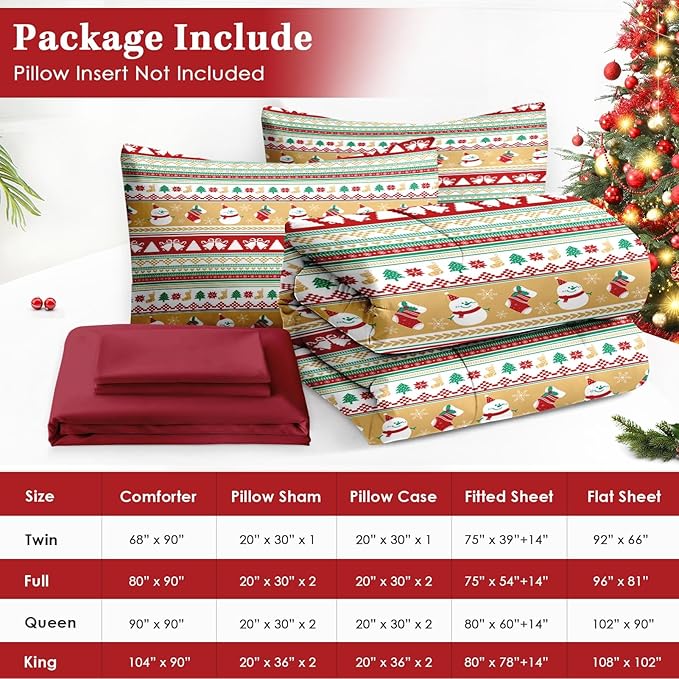 7 Pcs Queen Size Christmas Comforter Set with 2 Pillowcases & 2 Shams, Cute Snowman Bedding for Kids and Adults, Snowflake Xmas Socks Bed in a Bag with Flat Fitted Sheet