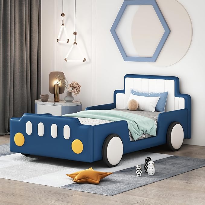 Twin Size Race Car-Shaped Platform Bed with Wheels, Unique Design Floor Bed with PU Leather Headboard and Safety Guardrails, Wood Slat Support for Kids,Boys,Girls (Blue-100A)