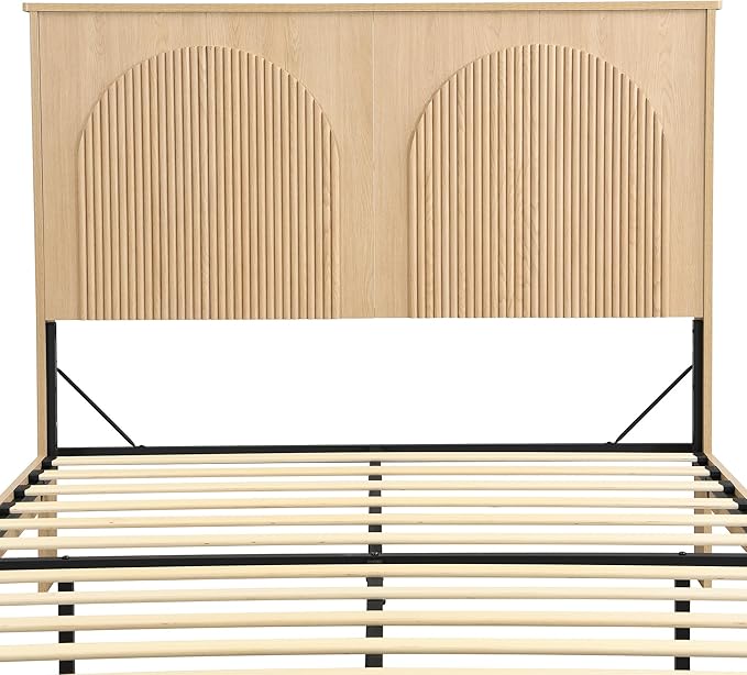 XIAOWEI Queen Size Bed Frame with 52.4" Tall Headboard 2 Storage Drawers,Fluted Sturdy Wooden Frame with Underbed Storage,No Box Spring Needed Platform Bed,Easy Assembly Low Profile Bed Frame,Natural