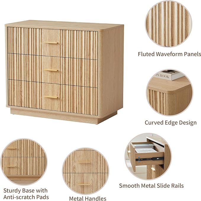 Fluted Dresser for Bedroom with 3 Drawers, 31.5" Wide Modern Chest of Drawers with Metal Handle, Large Storage Dresser, Wood Closet Clothes Storage Organizer for Nursery Living Room, Hallway,Natural