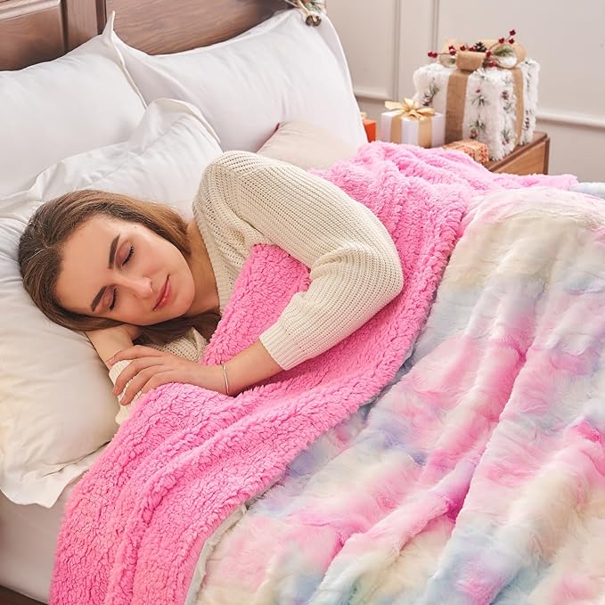 NEWCOSPLAY Super Soft Faux Fur Throw Blanket for Couch Light Rainbow Sherpa Fuzzy Plush Warm Blanket for Sofa Bed (Light Rainbow, Throw(40"x50"))