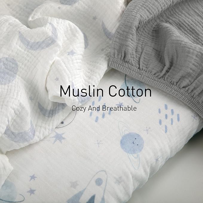 Gllquen Baby Muslin Bassinet Sheets 3 Pack, Breathable Elastic Cozy Fitted Cotton Bassinet Mattress Sheet for Baby Boy Girls, Fit for Hourglass Oval Rectangular Cradle Pad Sheets 33"x17" (Space)