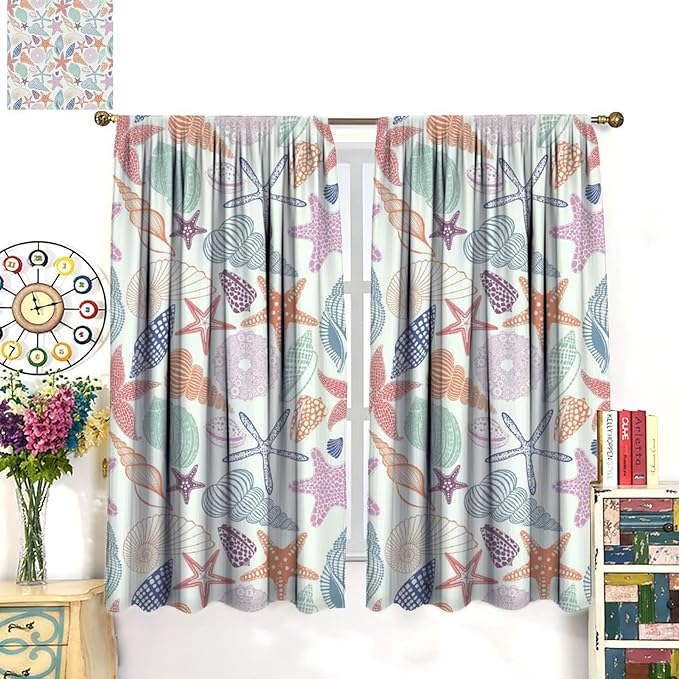 Coastal Nautical Curtains,Colorful Starfish Seashell Beach Sea Starfish Seashell Theme Pattern Blackout Print Home Bedroom Living Room Window Treatmen 2 Panel Set 63x63 Inch