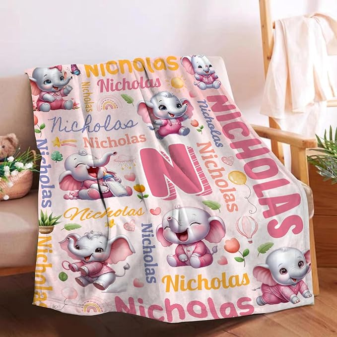 Personalized Custom Pink Elephant Blanket Gifts for Kids Boys Girls with Name - Customized Pink Elephant Super Soft Lightweight Flannel Sheets Decor for Crib Nap Couch - 90"x120" for Whole Family