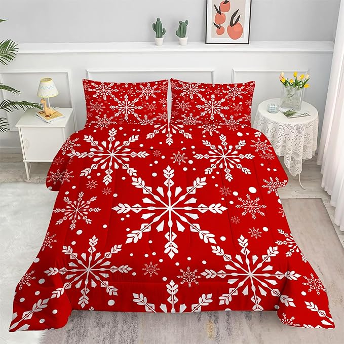 Christmas Comforter Set Queen: Christmas Snowflakes Red Bedding Sets for Teen Girls Women Bedroom Xmas Festival Quilt Winter Snow Duvet Bed Set 1 Comforter & 2 Pillowcases