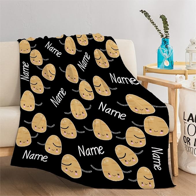 Thuswarm Custom Flannel Blanket with Text Cute Potato Kawaii Black Customized Blankets Warm Unique Personalized Throw Souvenirs Gift of Love