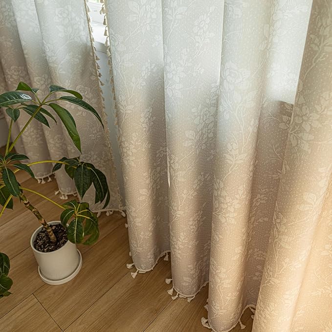ENJOYBRIDAL Floral 63 Inch Curtains 2 Panel Set Light Camel Rustic Drapes Rod Pocket Bedroom Living Room Semi Sheer Window Curtain Panels Short Farmhouse Boho Chic Cute Window Treatments