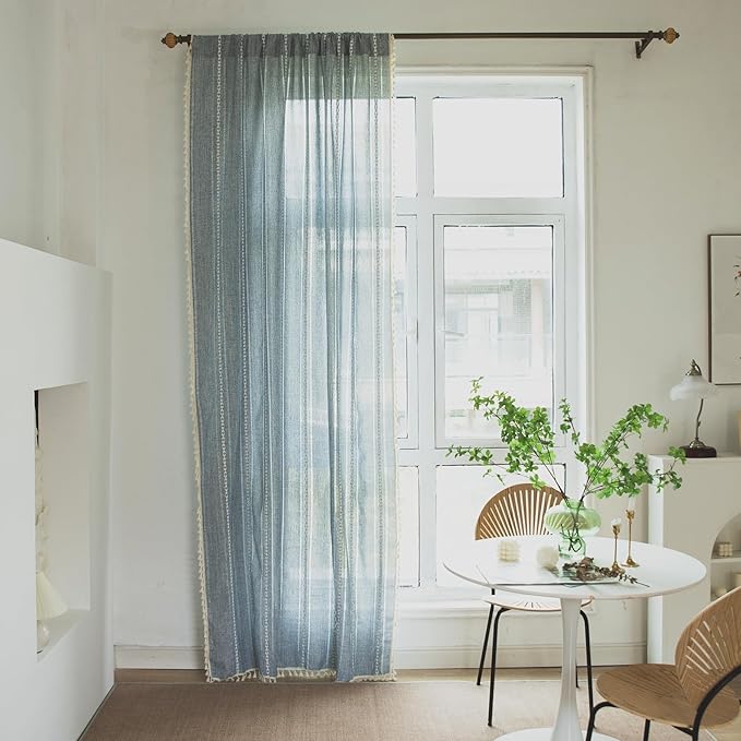 Deeprove Blue Boho Sheer Linen Curtains 72 inches Length for Bedroom Living Room Dining Nursery Closet, Denim Jean Semi Sheer Curtains Darkening Embroidery Drape Window Treatment, 1 Panel W52 x L72