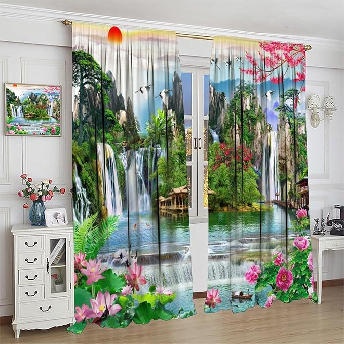 Waterfall Blackout Curtains, Forest Waterfall Rocky Lotus Fish Landscapes Print Window Drapes, for Living Room Bedroom 42" W X 63" L