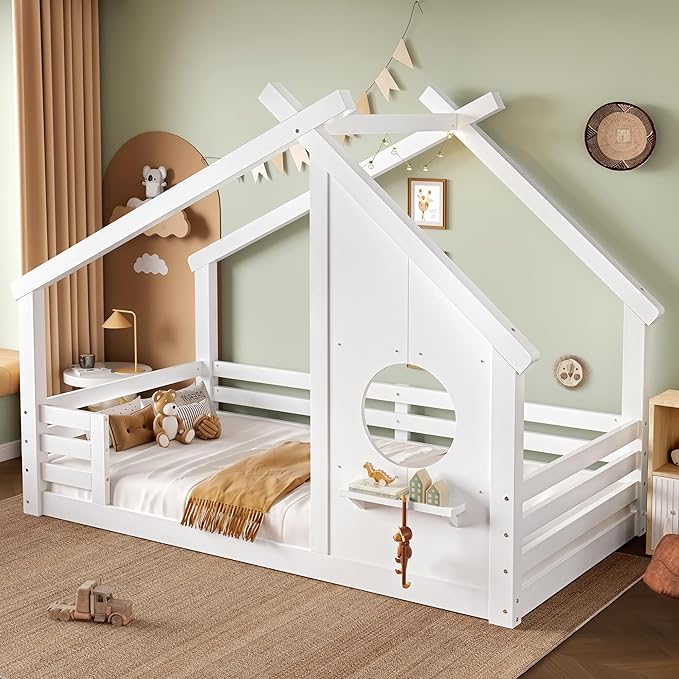 Polibi Twin Size House Floor Bed with Window and a Small Shelf, Solid Wood Low Profile Floor Bed for Kids, No Box Spring Needed, White