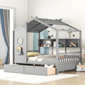 Full Size House Bed with 2 Drawers and Storage Shelf, Playhouse Design Solid Wood Kids Platform Bed Frame for Girls Boys, Decorable Daybed with Sturdy Slats Support, Space-Saving (AF-Gray)