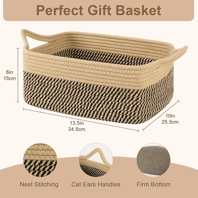 OIAHOMY Small Woven Rope Basket with Gift Bags and Ribbons, Gift Basket Empty for Baby Shower Birthday, Halloween, Christmas, Cute Cat Ear Handles for Shelf Living Room Bathroom, Grey & White