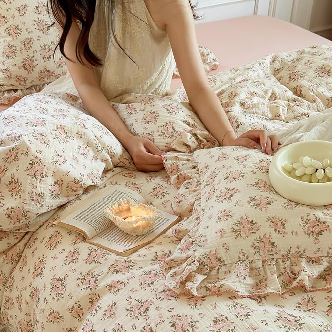 BuLuTu Vintage Floral Queen Duvet Cover Cotton Muslin Comforter Cover with Ruffles, Soft Lightweight Gauze Bedding Quilt Cover 90"x90", No Pillow Case, Zipper & Corner Ties, Machine Wash