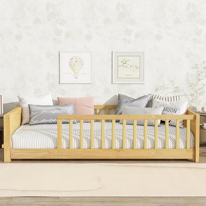 Floor Bed with Rails Twin Size, Wood Montessori Floor Bed with Storage Bookcase, Kids Bed Frame with Fence for Boys Girls, Natural