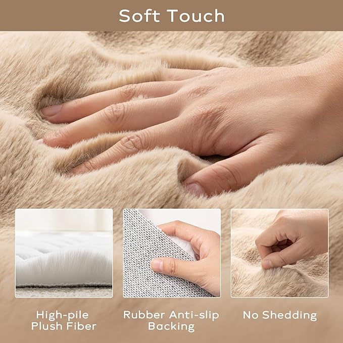 Ashler Faux Rabbit Fur Area Rug, Beige 2x3 FT Fluffy Soft, Rectangle Fuzzy Carpet for Living Room, Bedroom, Machine Washable Shaggy Nursery - 3D Bubble