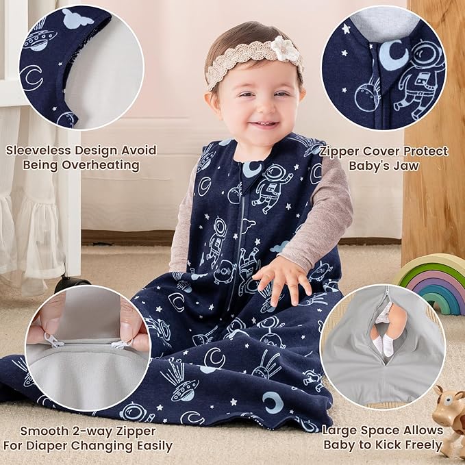 PHF Soft Baby Sleep Sack 0-6 Months 100% Organic Cotton Wearable Blanket, 2-Way Zipper 0.5 TOG Toddler Sleeping Sack 3 Pack, Comfy Sleep Bag for Baby Boys Girls, Navy Space (Small)
