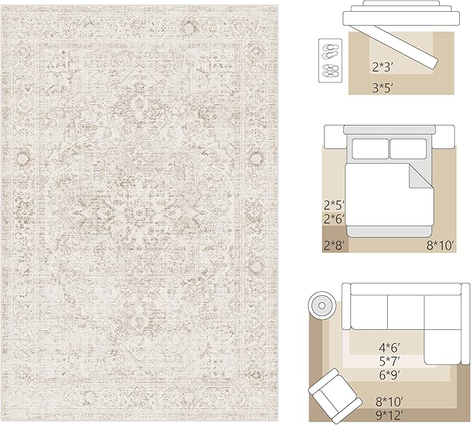 FMFUNCTEX 3x5 Washable Area Rug Beige Vintage Neutral Distressed Non Slip Low Pile Traditional Retro Indoor Carpet for Entryway Entrance Soft Rug Living Room Bedroom Kitchen Dining Office Laundry