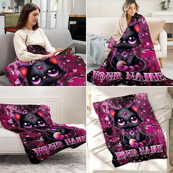 Custom Girls Throw Blanket - 50" x 60" Personalized Cat Blanket for Teens, Women - Cute Black Throws Gifts Stuff for Couch, Travel