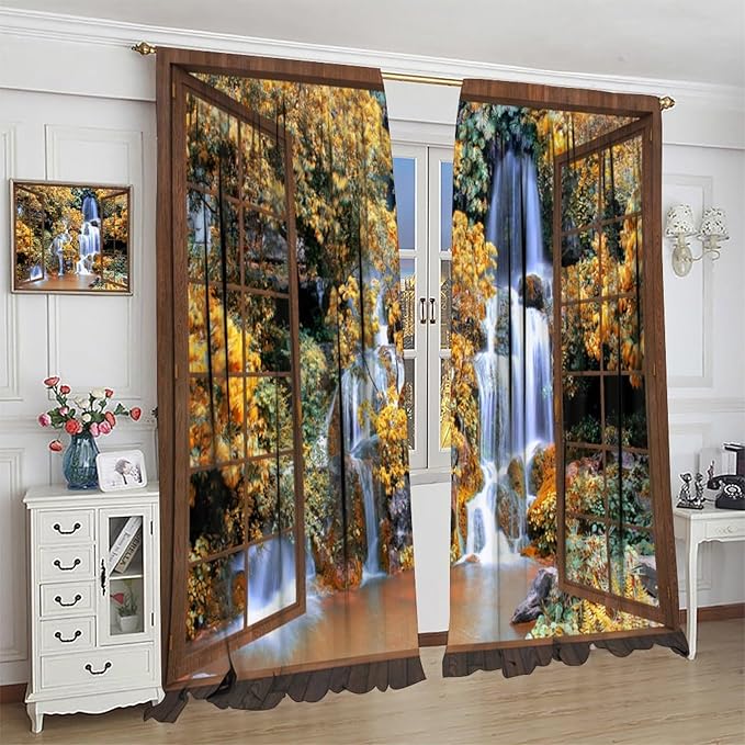 Waterfall Blackout Curtains, Waterfall Forest Landscape Wooden Window Print Pattern Window Drapes, for Bedroom Living Room 63" W X 63" L