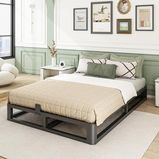 6 Inch Queen Bed Frame with Round Corner Edges, Low Profile Queen Metal Platform Bed Frame with Steel Slat Support, No Box Spring Needed/Easy Assembly/Noise Free Mattress Foundation
