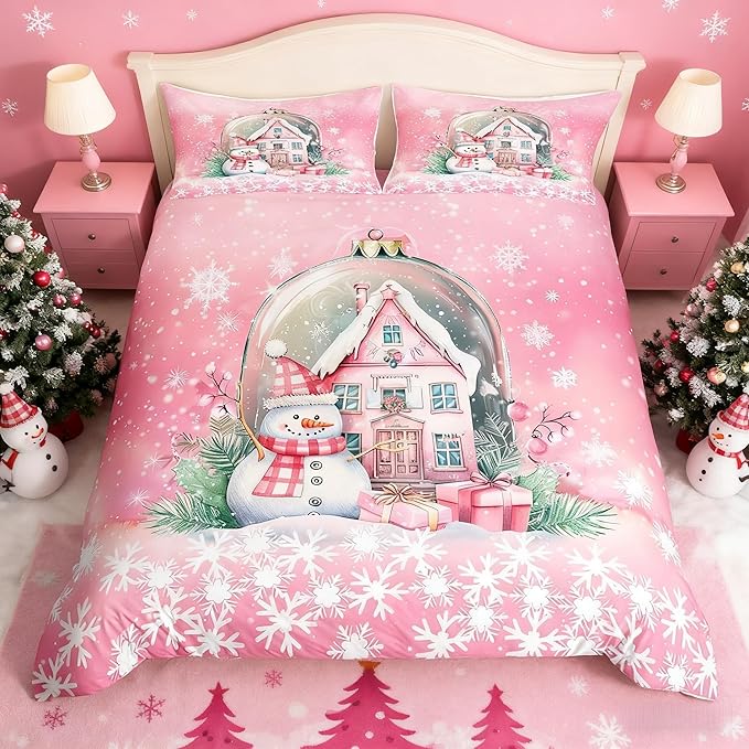 Manfei Christmas Duvet Cover Set Twin Size, Pink Castle and Snowman Print Bedding Set 2pcs for Kids Girls Teens Bedroom Decor, New Year Snowflake Print Comforter Cover with 1 Pillowcase,No Comforter