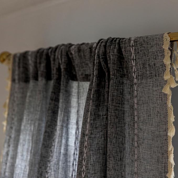 Deeprove Grey Boho Curtains 84 inches Length for Bedroom Living Room, Dark Coal Gray Bohemian 84 inches Long Embroidery Farmhouse Privacy Style Tassel Window Treatments, W52 x L84, 1 Panel