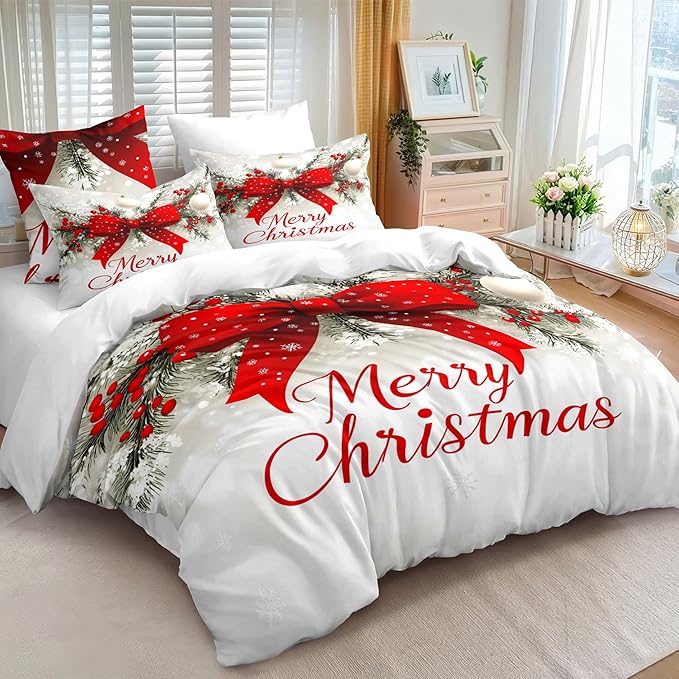 Christmas Duvet Cover King Size Merry Christmas Bedding Set 3 Pieces Kids Boys Girls Red Bow Pattern Comforter Cover with Zipper Closure