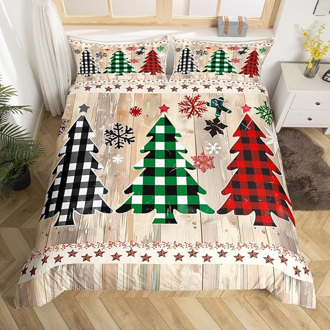 Manfei Xmas Plaid Trees Duvet Cover Set Queen Size, Western Texas Star Bedding Set 3pcs for Kids Boys Girls, Christmas Theme Comforter Cover Wooden Plank Quilt Cover with 2 Pillowcases,No Comforter