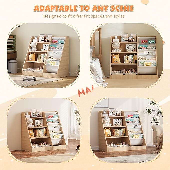 NACHES 4 Tier Kid Bookshelf Wooden 5 Sling Children Bookcase Toddler Montessori Bookcase Book Rack Display Toy Storage Organizer Adjustable Book Display Shelf Stand Classroom Bedroom Nursery Playroom